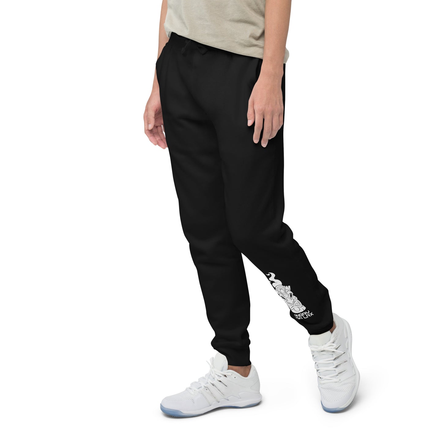 Angry Tiki Lax logo left leg Unisex fleece sweatpants