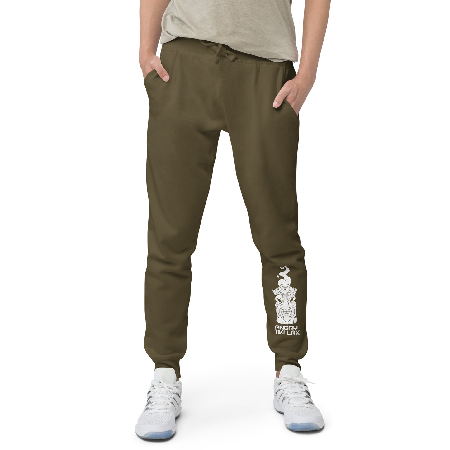 Angry Tiki Lax logo left leg Unisex fleece sweatpants