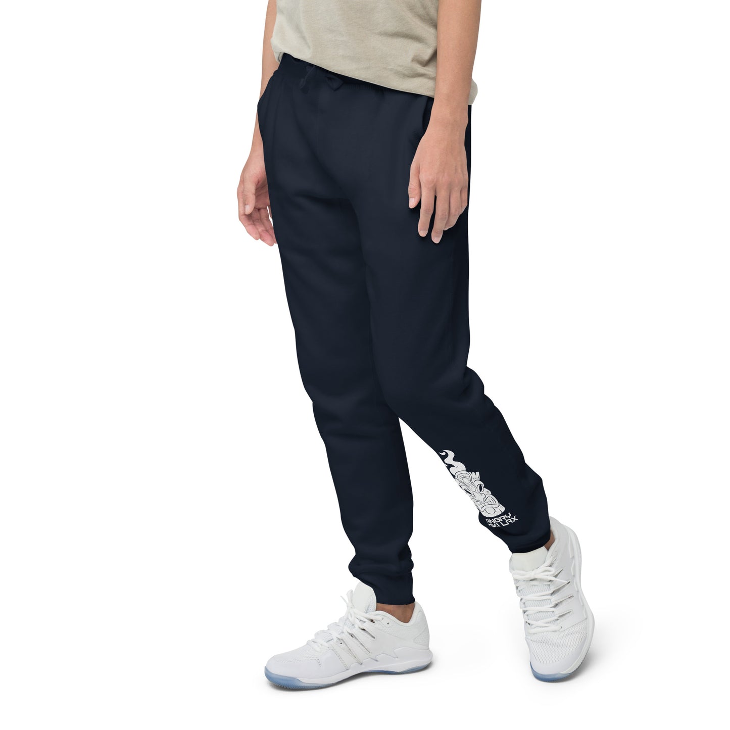 Angry Tiki Lax logo left leg Unisex fleece sweatpants