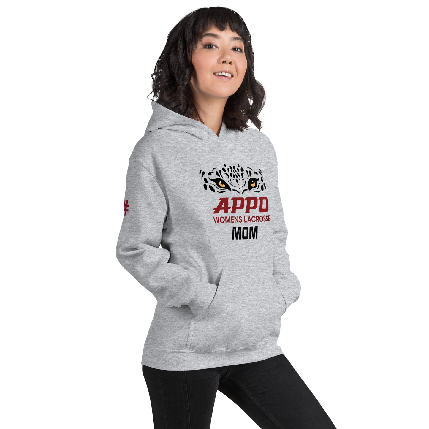 APPO Jaguar Eyes Womens "MOM" Lacrosse Unisex Hoodie (CUSTOM NUMBER on SLEEVE)