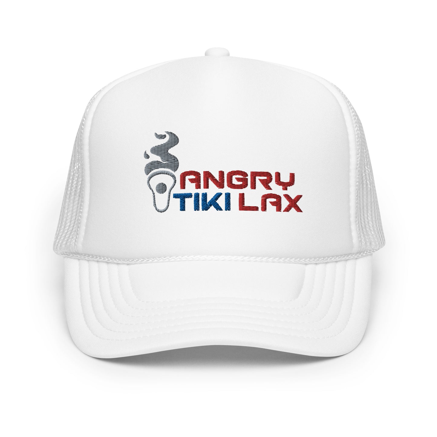 Angry Tiki Lax text logo Foam trucker hat