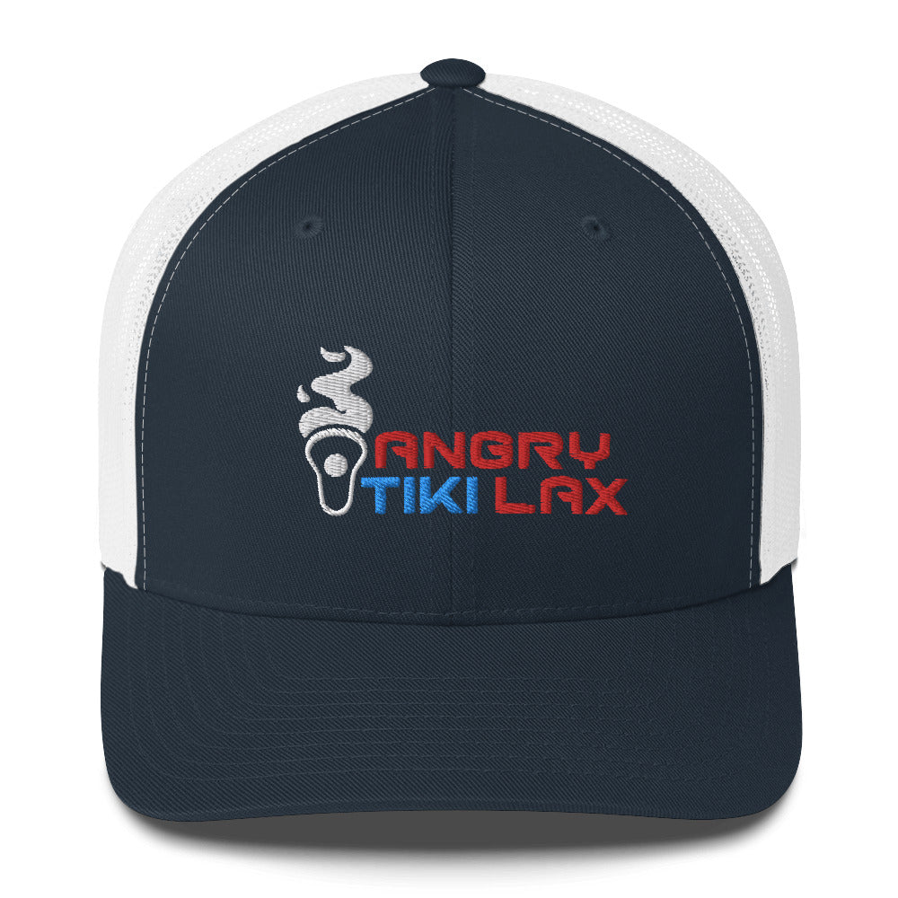 Angry Tiki Lax text logo Trucker Cap