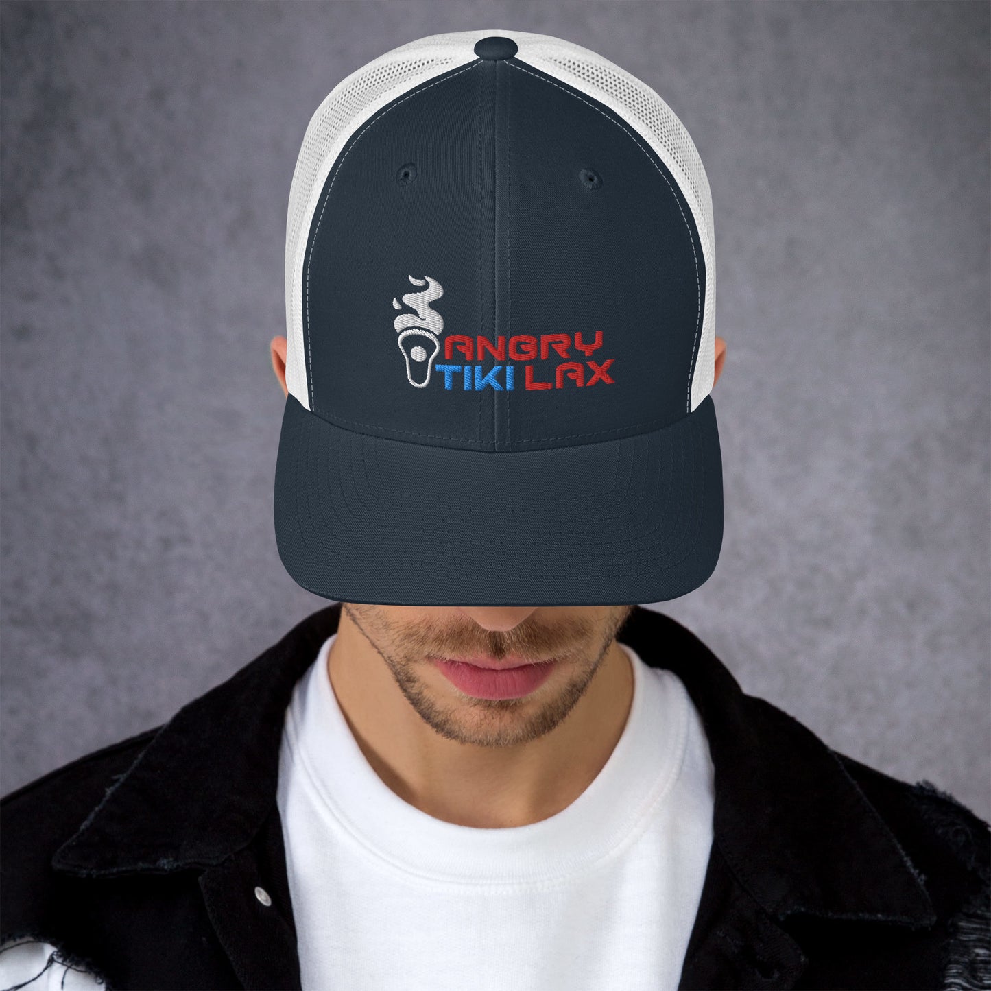 Angry Tiki Lax text logo Trucker Cap