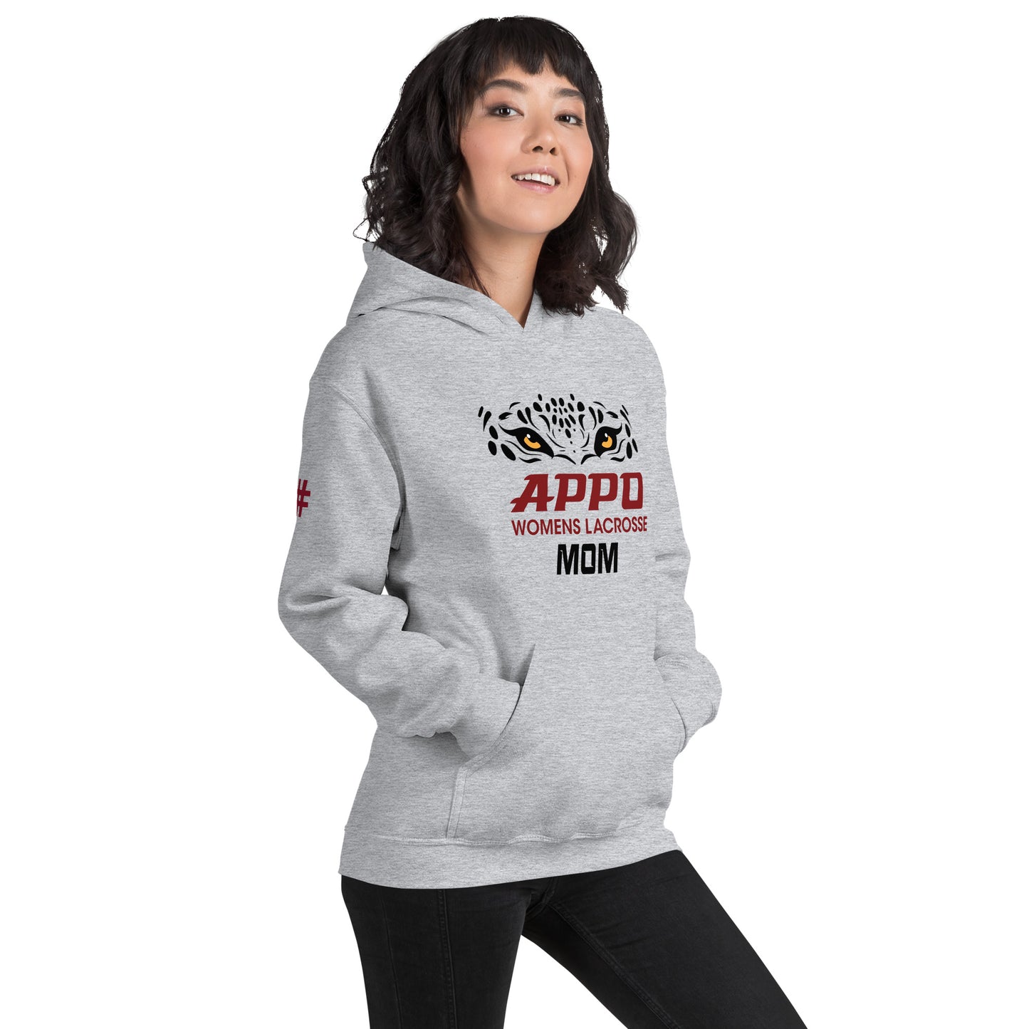 APPO Jaguar Eyes Womens "MOM" Lacrosse  Unisex Hoodie (CUSTOM NUMBER on SLEEVE)