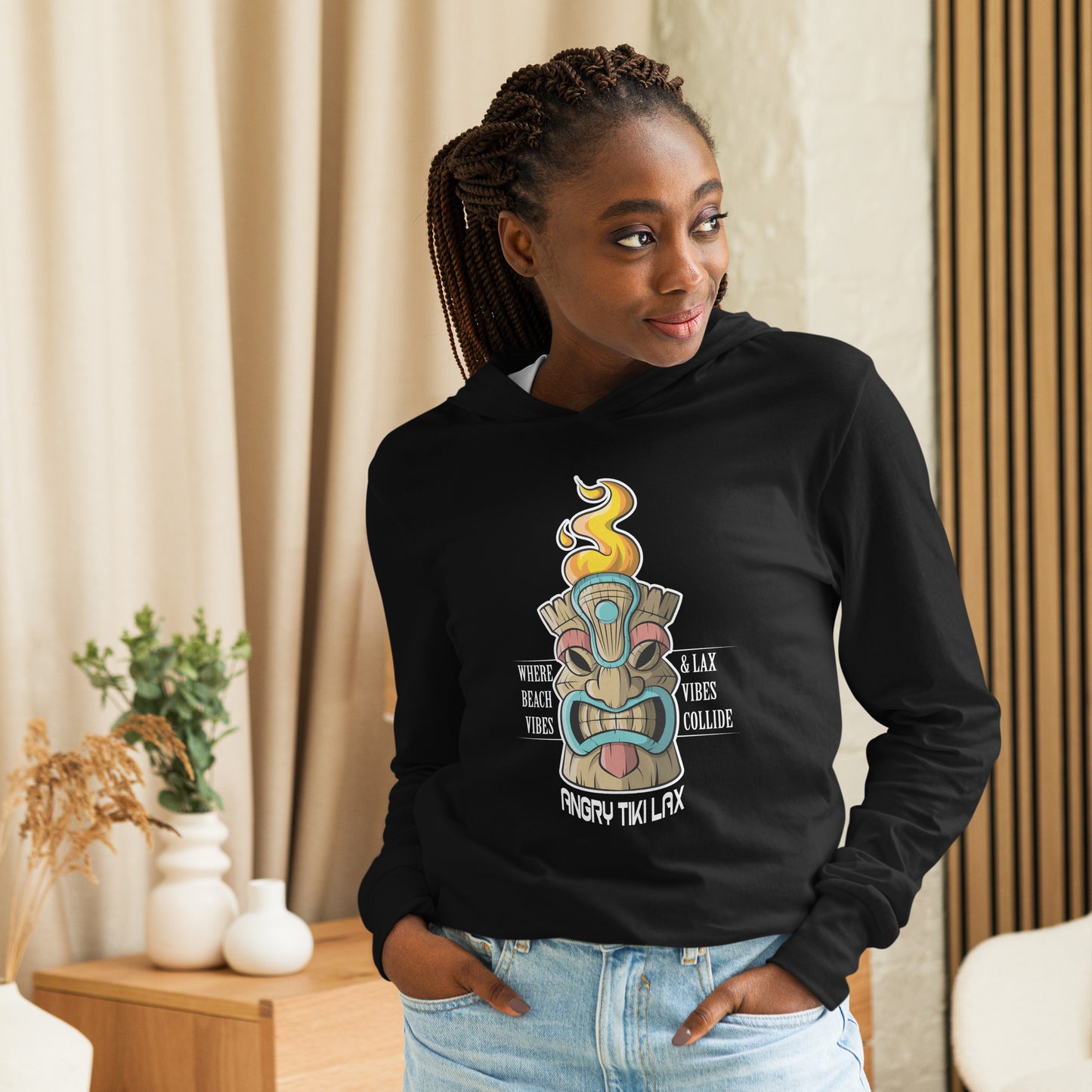 Angry Tiki Lacrosse slogan Hooded long-sleeve tee