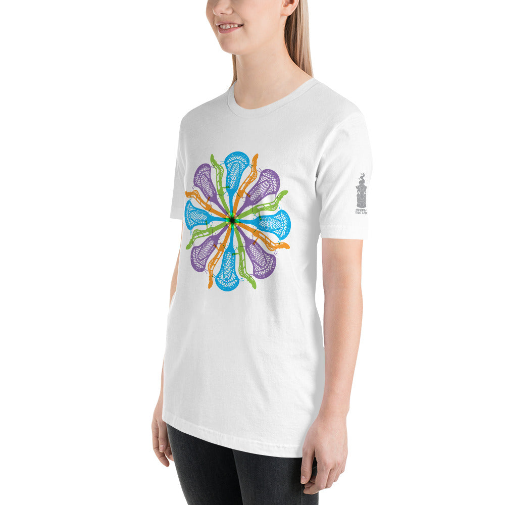 Womens Lacrosse stick flower design V1 Unisex t-shirt – angry tiki lax